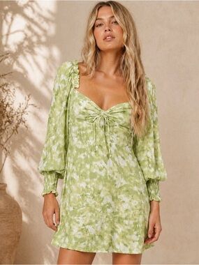 Faithfull the Brand Arianne Mini Dress Green Print Puff Sleeve Small